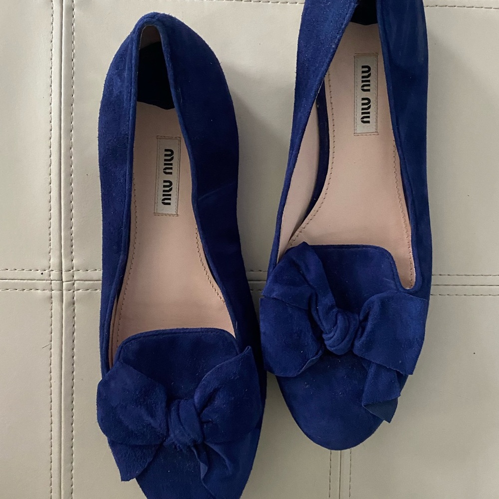 Miu Miu Blue Suede Loafers with Silver Detailing